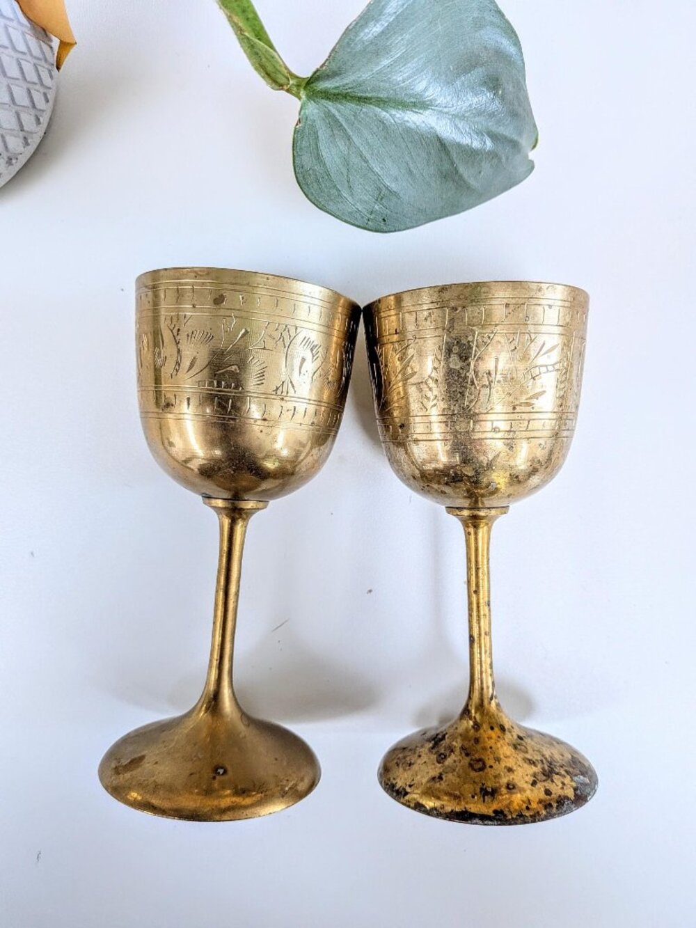 Vintage Mid-Century Indian Etched Brass Goblet Set 8 oz | Hand-Engraved Chalices